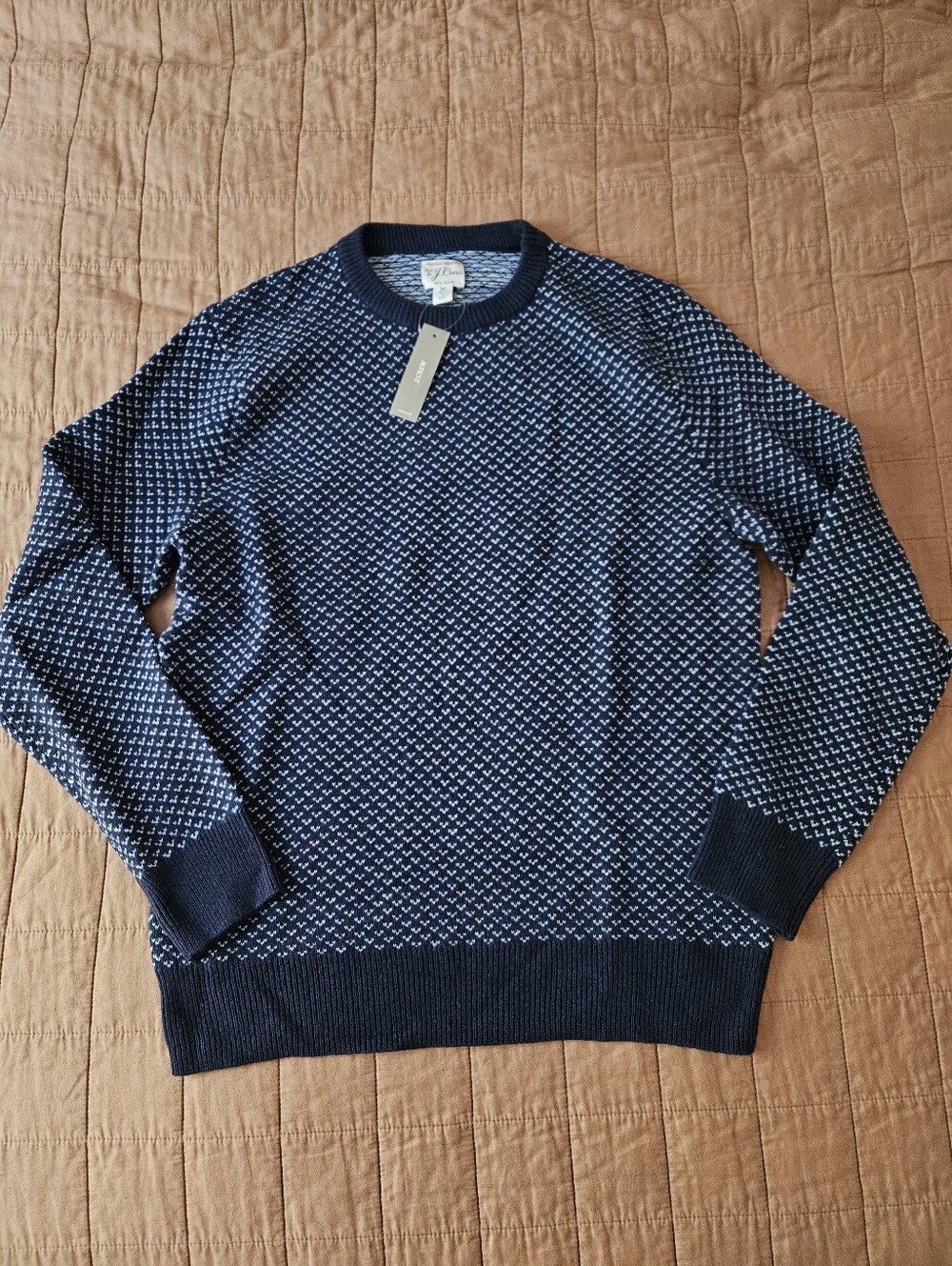 NWT J. Crew Rugged Merino Wool-Blend Bird's-eye Sweater In Navy And Light Blue.